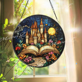 Fairy Tale Castle Stained Glass Suncatcher Open Book Fantasy Window Hanging Magical Storybook Art for Dreamers and Book