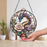 Fantasy Dragon and Roses Stained Glass Suncatcher Elegant Serpent Dragon Window Art Round Floral Mythical Panel