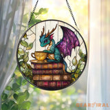 Fantasy Dragon Stained Glass Suncatcher Cute Teal Dragon with Tea Cup on Books Mystical Window Panel Gift for Bookworms