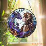 Fantasy Elf and Dragon Stained Glass Suncatcher Purple Dragon Window Hanging Elven Lover Gift Magical Window Art Mystic