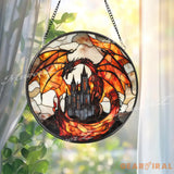 Fiery Dragon Stained Glass Suncatcher with Castle Gothic Fantasy Window Hanging Medieval Creature Decor for Dragon