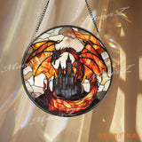 Fiery Dragon Stained Glass Suncatcher with Castle Gothic Fantasy Window Hanging Medieval Creature Decor for Dragon