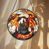 Fiery Dragon Stained Glass Suncatcher with Castle Gothic Fantasy Window Hanging Medieval Creature Decor for Dragon