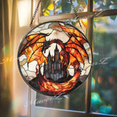 Fiery Dragon Stained Glass Suncatcher with Castle Gothic Fantasy Window Hanging Medieval Creature Decor for Dragon