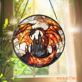 Fiery Dragon Stained Glass Suncatcher with Castle Gothic Fantasy Window Hanging Medieval Creature Decor for Dragon