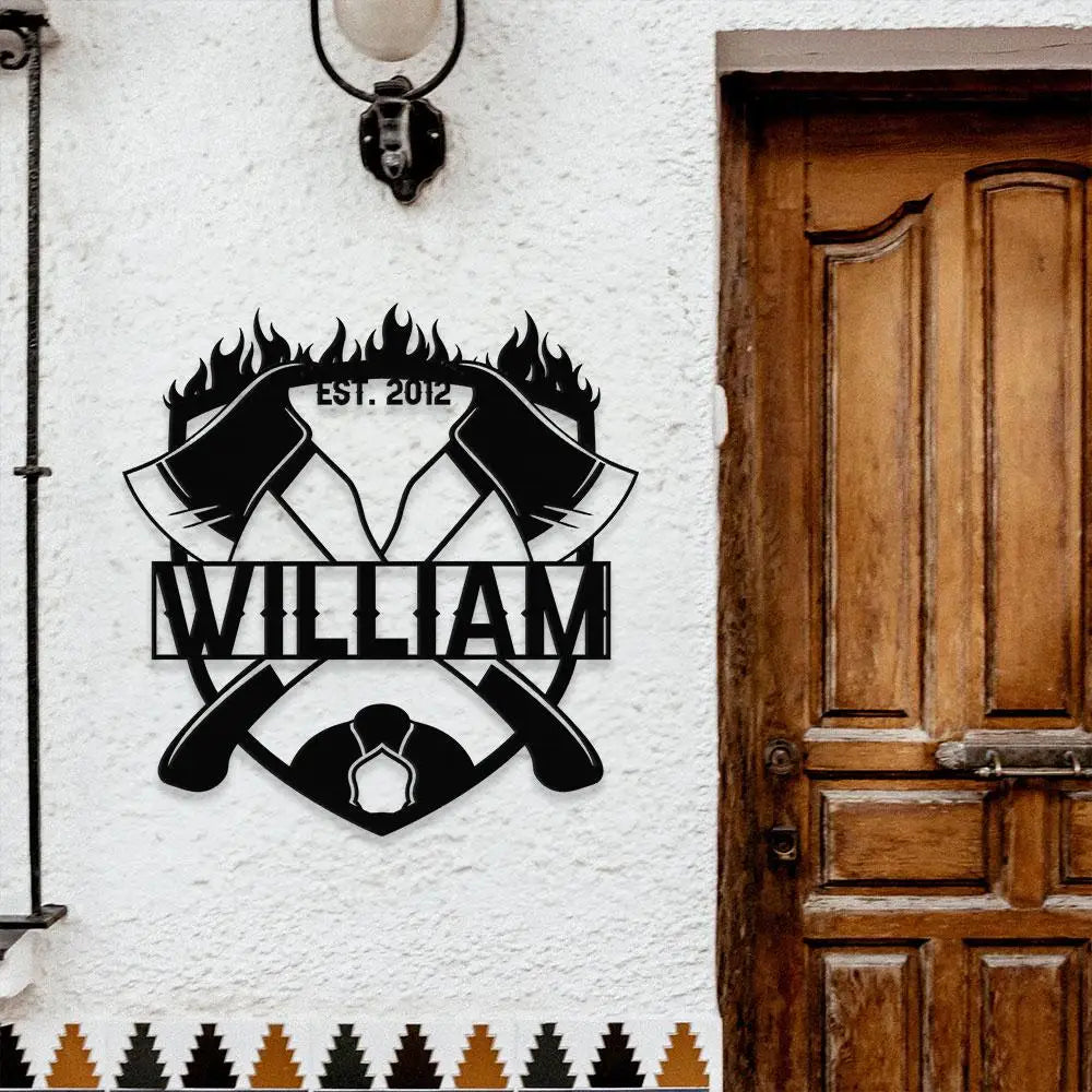 Firema With Cross Axel Metal Sign Personalized Family Name Metal Sign Outdoor Door Decor Firefighter Wall Art