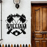 Firema With Cross Axel Metal Sign Personalized Family Name Metal Sign Outdoor Door Decor Firefighter Wall Art