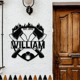 Firema With Cross Axel Metal Sign Personalized Family Name Metal Sign Outdoor Door Decor Firefighter Wall Art