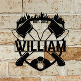 Firema With Cross Axel Metal Sign Personalized Family Name Metal Sign Outdoor Door Decor Firefighter Wall Art