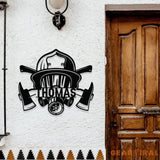 Fireman Skull Metal Sign Personalized Family Name Metal Sign Outdoor Door Decor Firefighter Wall Art Housewarming Gift