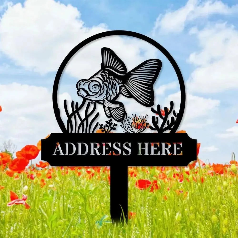 Fish Address Metal Sign Metal Stake Personalized Name Yard Sign Outdoor Door Garden Decor Metal Sign Address Number