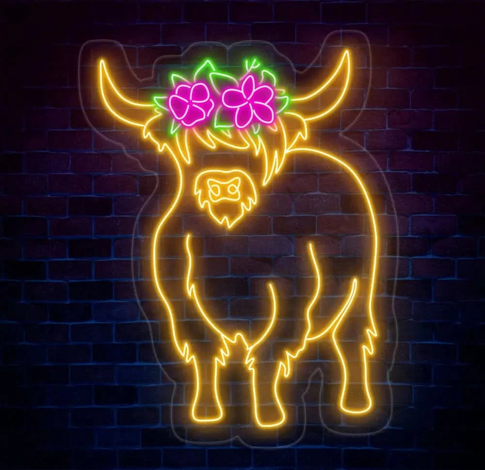 Floral Shetland Cow Neon Sign - Custom Highland Herd LED Light Western Bull Farmhouse Decor Unique Cow Lover Gift Patio