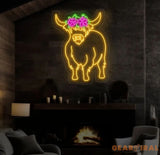 Floral Shetland Cow Neon Sign - Custom Highland Herd LED Light Western Bull Farmhouse Decor Unique Cow Lover Gift Patio