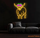 Floral Shetland Cow Neon Sign - Custom Highland Herd LED Light Western Bull Farmhouse Decor Unique Cow Lover Gift Patio