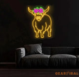 Floral Shetland Cow Neon Sign - Custom Highland Herd LED Light Western Bull Farmhouse Decor Unique Cow Lover Gift Patio