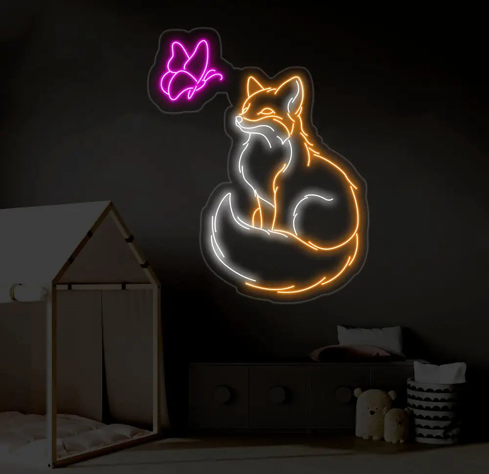 Fox And Butterfly Neon Sign Fox Led Sign Fox Light Sign Animal Neon Sign Animal Led Light Neon Light Sign For Wall Neon