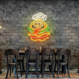 Funny Burger Chef Logo Mascot Artwork Led Neon Sign Light