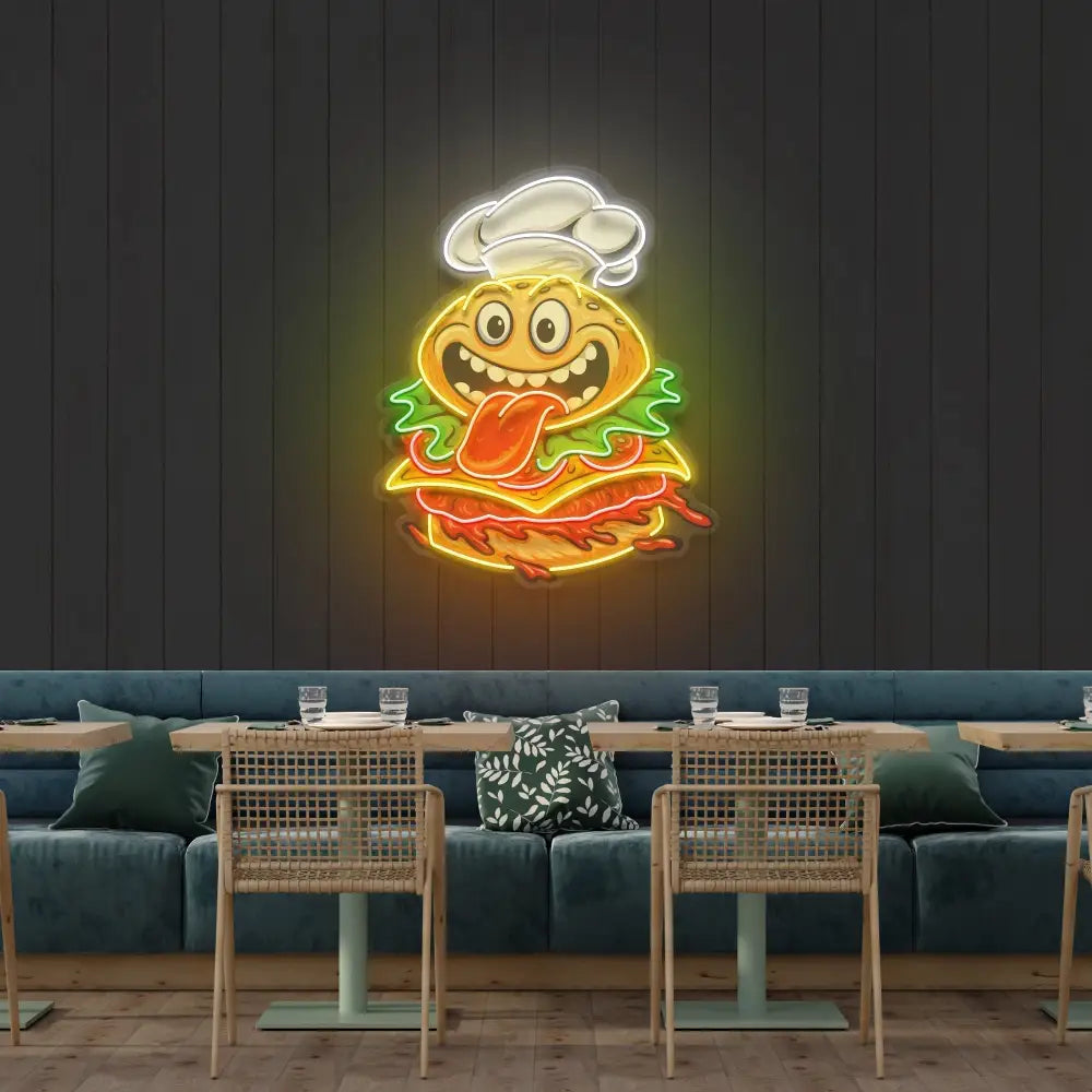 Funny Burger Chef Logo Mascot Artwork Led Neon Sign Light