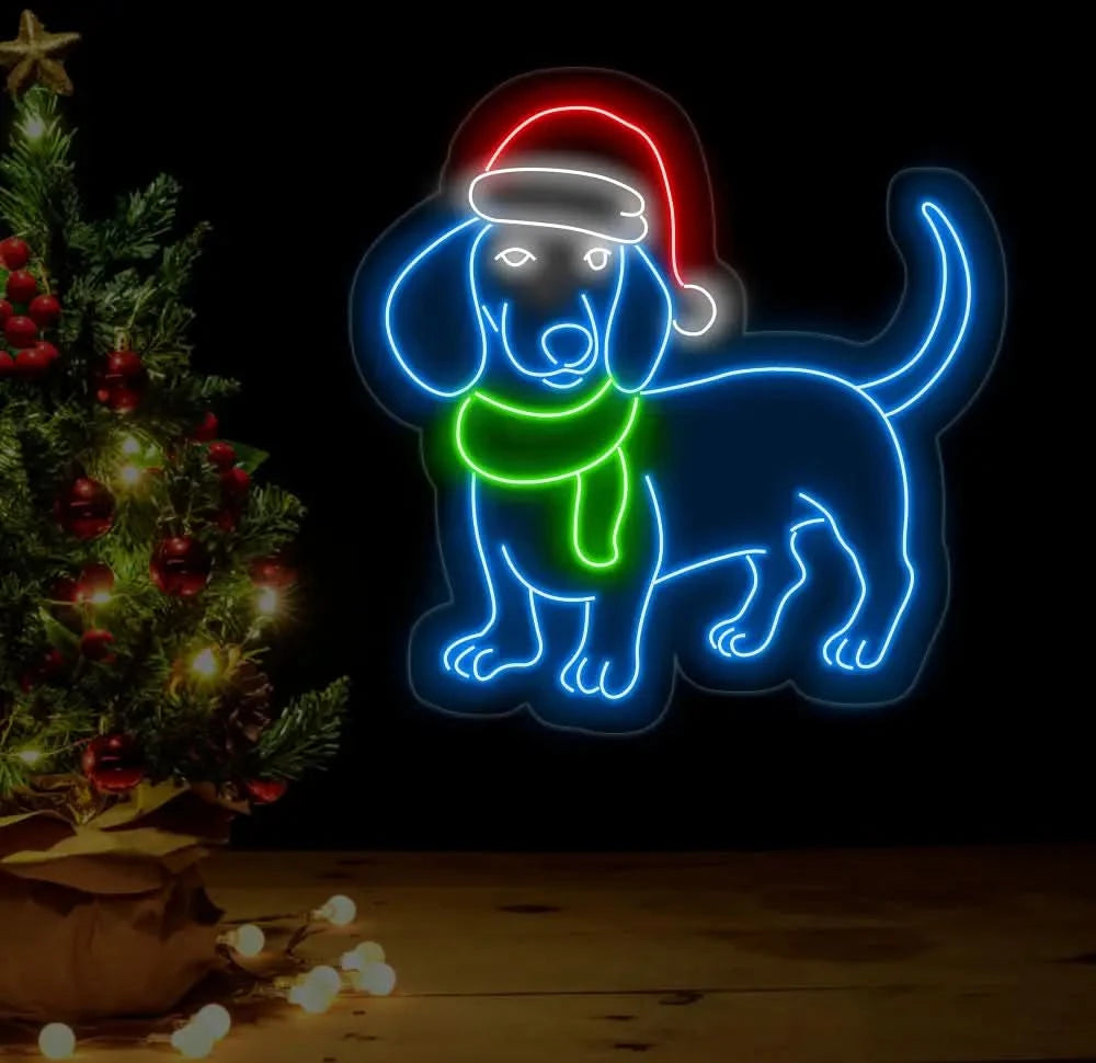 Funny Christmas Dachshund Neon Sign - Merry Christmas LED Light - Dachshund Christmas Tree Wall Art - Festive House