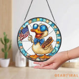 Funny Duck 4th of July Stained Glass Suncatcher Patriotic Window Hanging with Hot Dog & USA Flag Summer BBQ Party Decor