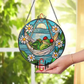 Funny Frog in Hammock Stained Glass Suncatcher Relaxing Garden Frog Window Panel Daisy Flower Decor for Porch or Sunroom