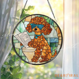Funny Poodle Bathroom Stained Glass Suncatcher Dog on Toilet with Newspaper Humorous Pet Window Hanging Gift for Dog