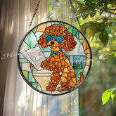 Funny Poodle Bathroom Stained Glass Suncatcher Dog on Toilet with Newspaper Humorous Pet Window Hanging Gift for Dog
