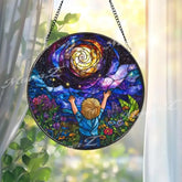 Galaxy Dream Stained Glass Suncatcher Cosmic Boy Window Panel Whimsical Universe Decor Gift for Kids Room or Stargazer