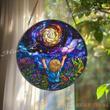 Galaxy Dream Stained Glass Suncatcher Cosmic Boy Window Panel Whimsical Universe Decor Gift for Kids Room or Stargazer