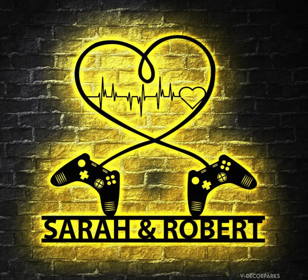 Gaming Couple Metal sign LED light Personalized - Heart Game Controller - Gifts for Couple - Video game Custom Name