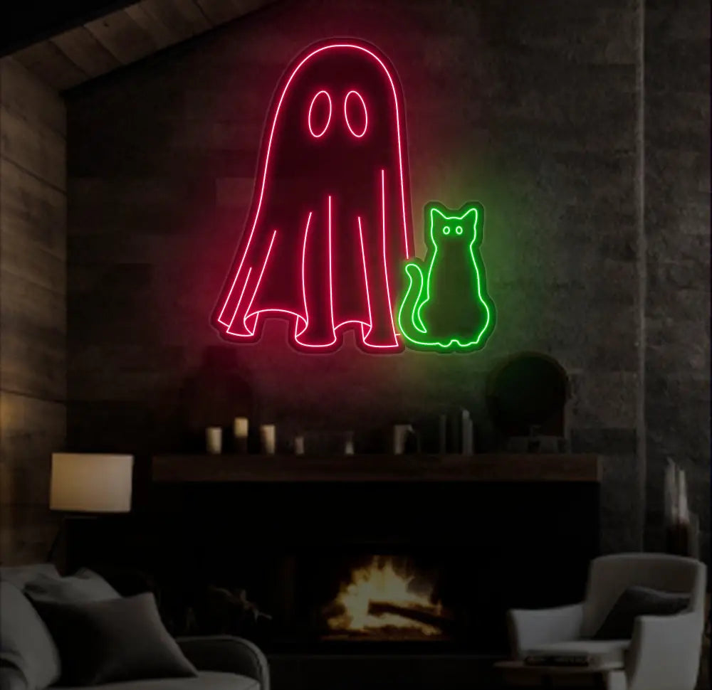 Ghost & Cat Neon Sign - Halloween Cat Ghost Decor Custom Neon Light Spooky Halloween Door Decor Unique Halloween Cat