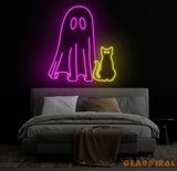Ghost & Cat Neon Sign - Halloween Cat Ghost Decor Custom Neon Light Spooky Halloween Door Decor Unique Halloween Cat