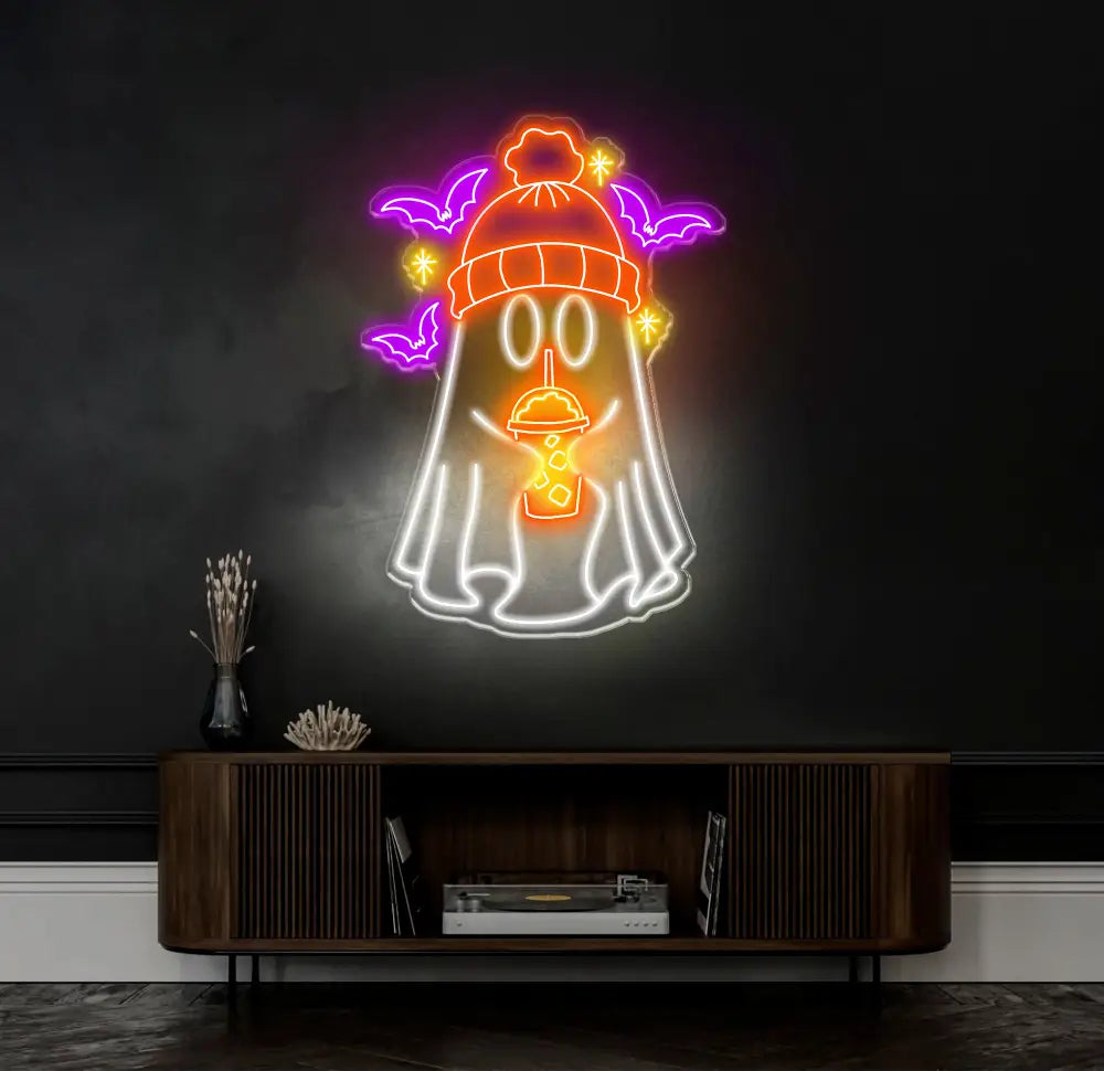 Ghost Coffee Neon Sign Spooky Boo Sign Ghost with Coffee LED Light Spooky Wall Art Ghost Drinking Coffee Sign Fall