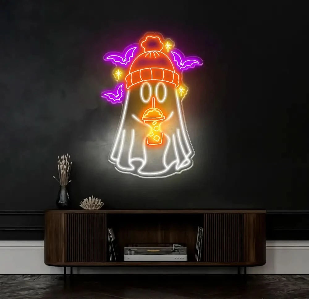 Ghost Coffee Neon Sign Spooky Boo Sign Ghost with Coffee LED Light Spooky Wall Art Ghost Drinking Coffee Sign Fall