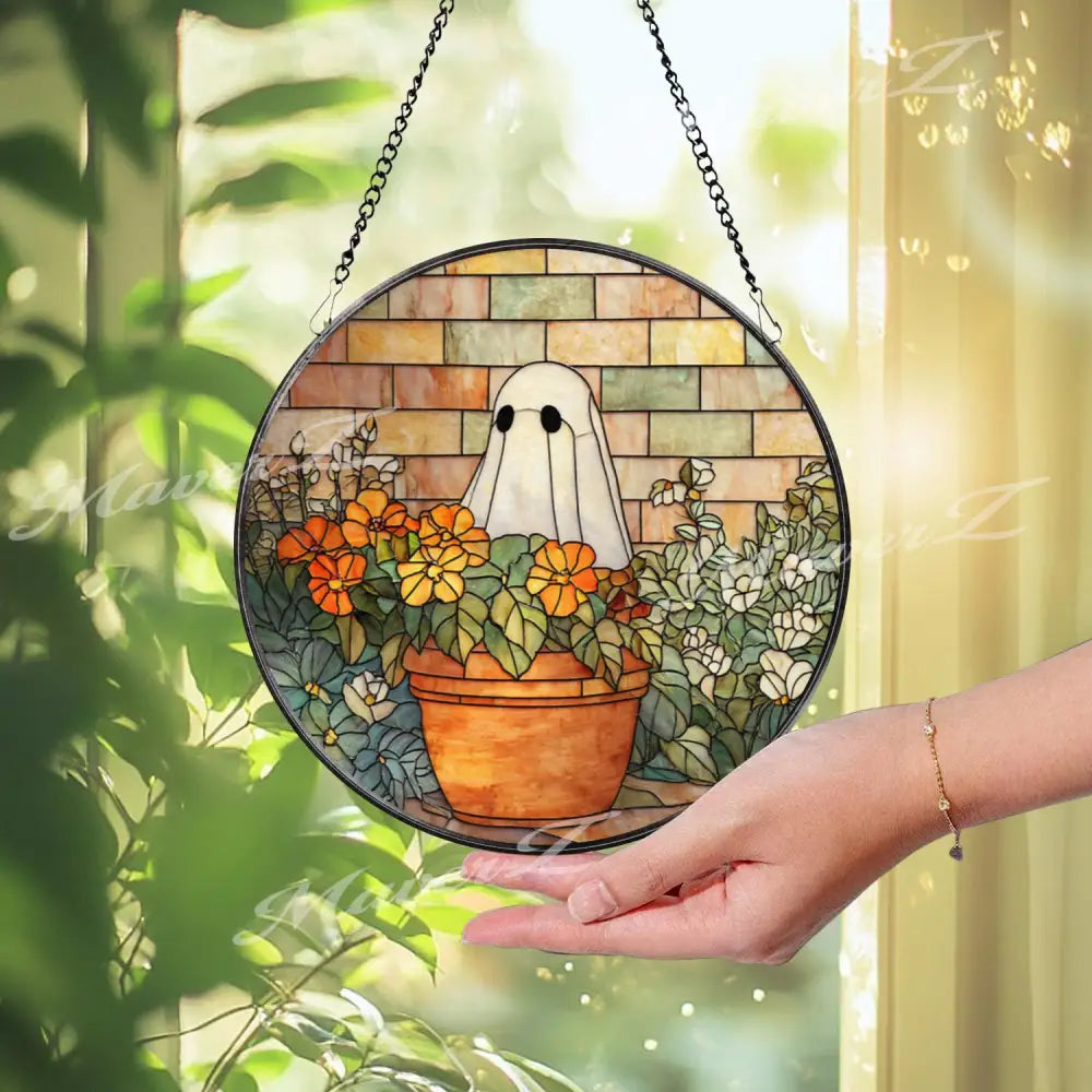 Ghost Gardener Stained Glass Suncatcher Whimsical Halloween Floral Panel Cozy Fall Window Art Cute Spooky Ghost Decor