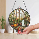 Ghost in Greenhouse Stained Glass Suncatcher Cute Fall Window Panel Spooky Autumn Garden Decor Halloween Gift for Plant
