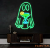 Ghost with Cocktail Neon Sign - Halloween Party Decor Spooky Drink Wall Art Custom Ghost Neon Light Fun Halloween Bar