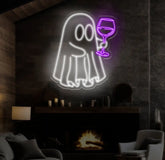 Ghost with Wine Glass Neon Sign - Fun Spooky Wine Lover LED Light Ghost Party Decor Bar Sign Custom Wine Neon Art for