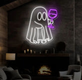Ghost with Wine Glass Neon Sign - Fun Spooky Wine Lover LED Light Ghost Party Decor Bar Sign Custom Wine Neon Art for