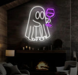 Ghost with Wine Glass Neon Sign - Fun Spooky Wine Lover LED Light Ghost Party Decor Bar Sign Custom Wine Neon Art for