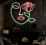 Girl Half Face & Rose Neon Sign Abstract Face Led Sign Custom Neon Sign Half Face Wall Decor Abstract Face Night Light