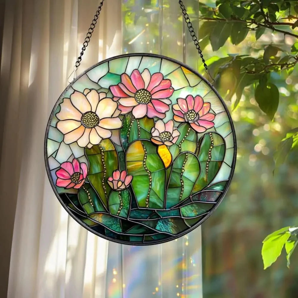 Glass Cactus and Succulent Suncatcher Vibrant Floral Window Decor Perfect Mother’s Day Gift Gardening-Themed Home