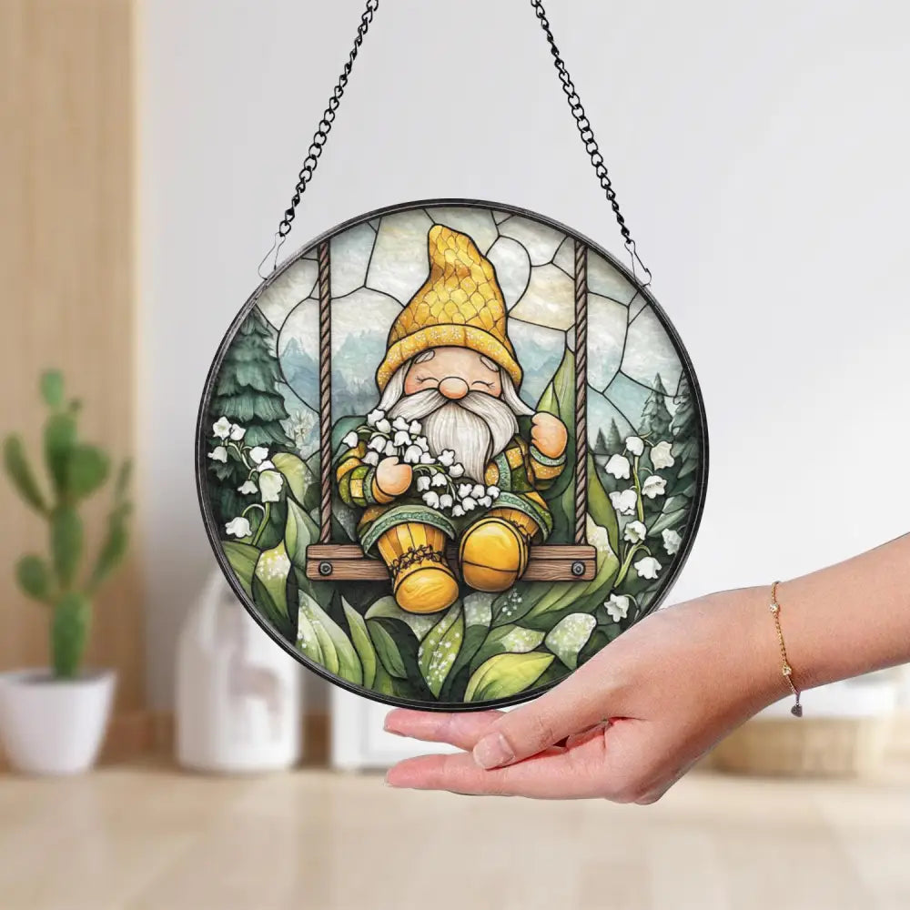 Gnome on Swing Stained Glass Suncatcher Lily of the Valley Flower Window Hanging Whimsical Forest Garden Decor Cute