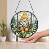 Gnome on Swing Stained Glass Suncatcher Lily of the Valley Flower Window Hanging Whimsical Forest Garden Decor Cute