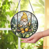 Gnome on Swing Stained Glass Suncatcher Lily of the Valley Flower Window Hanging Whimsical Forest Garden Decor Cute