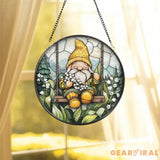 Gnome on Swing Stained Glass Suncatcher Lily of the Valley Flower Window Hanging Whimsical Forest Garden Decor Cute