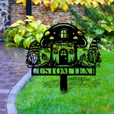 Gnomes House Garden Sign Mushroom House Metal Stake Personalized Name Yard Sign Outdoor Door Garden Decor Metal Sign
