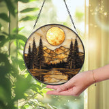 Golden Sunset Forest Stained Glass Suncatcher Tranquil Mountain Landscape Window Art Nature Retreat Gift for Rustic