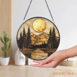 Golden Sunset Forest Stained Glass Suncatcher Tranquil Mountain Landscape Window Art Nature Retreat Gift for Rustic