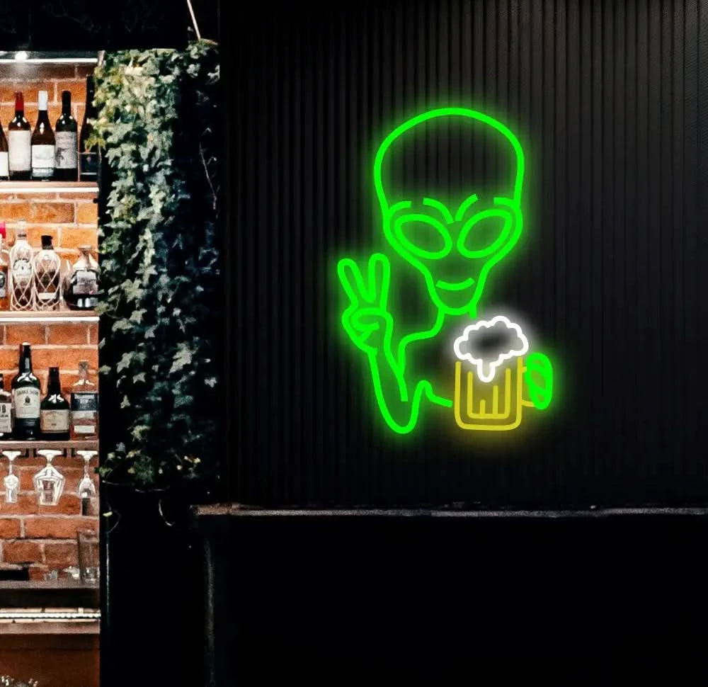 Green Alien Drinking Beer Neon Sign LED Signs for Wall Decor Signs for Bedroom Man Cave Game Room Bar Beer Pub Sign